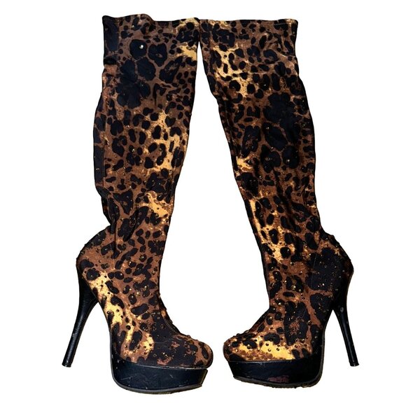 Leopard Print Rhinestone Stretch Thigh-High Platform Boots 10B Sexy Burlesque - Picture 1 of 8